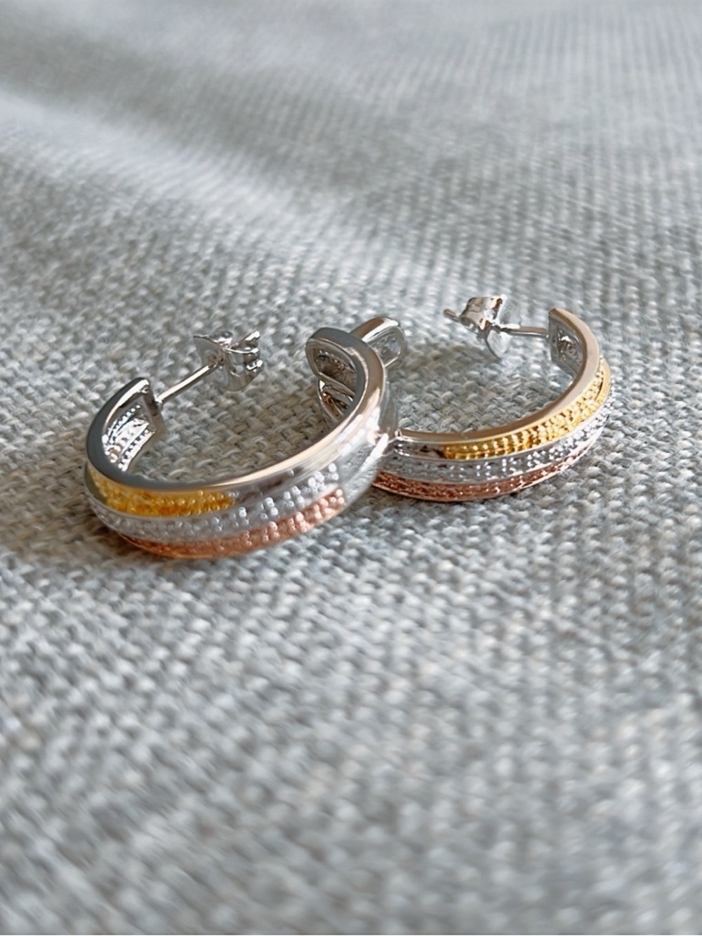 14k Tri Color Gold 3mm Thickness Diamond-Cut Hoop Earrings - Picture 2 of 6